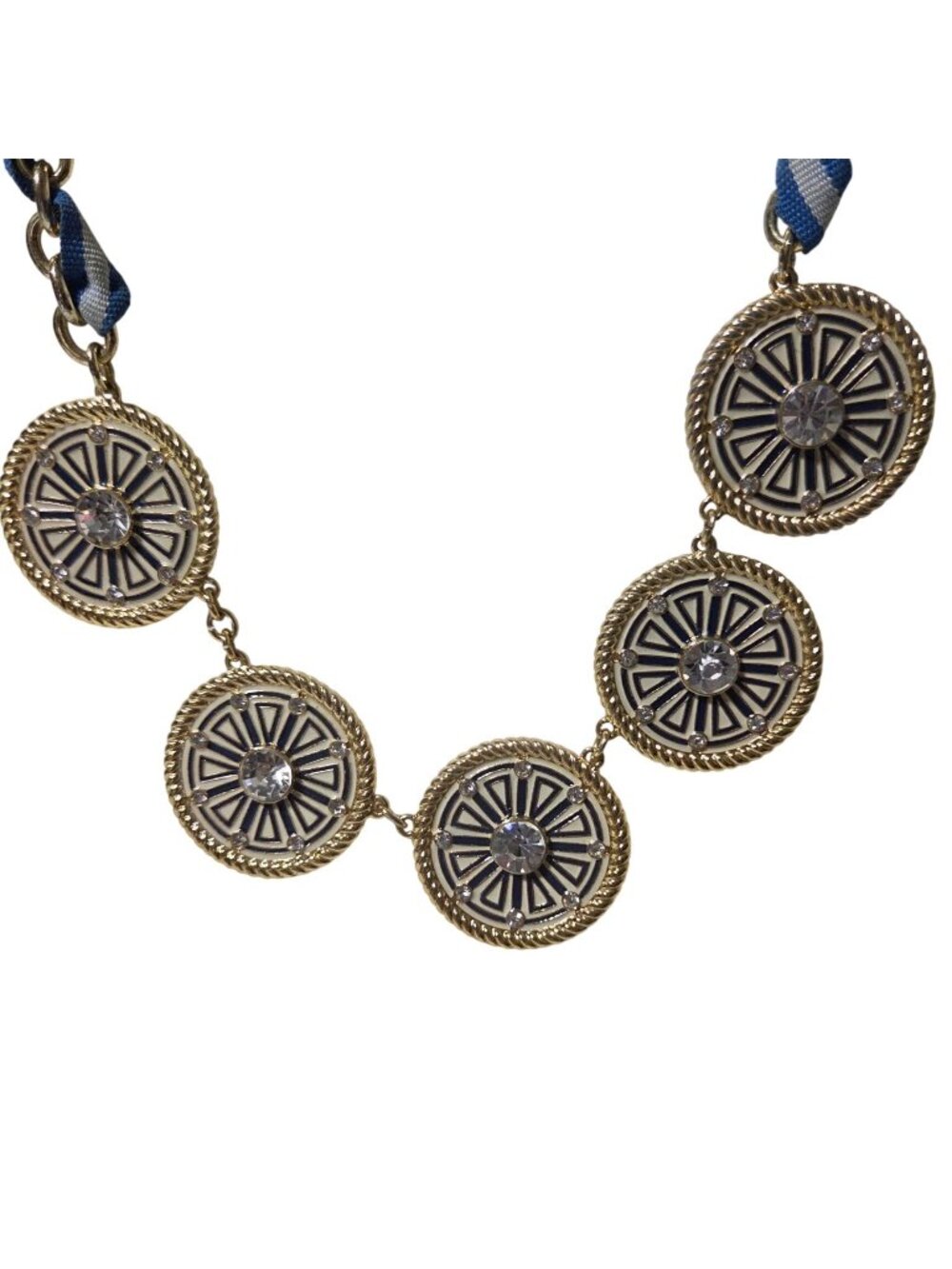 Talbots Pendant Statement Necklace Blue Fabric Chain Crystal Accented Medallions